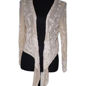 Karen Kane Women's Cream and White Silk Embroidered Tie Front Top